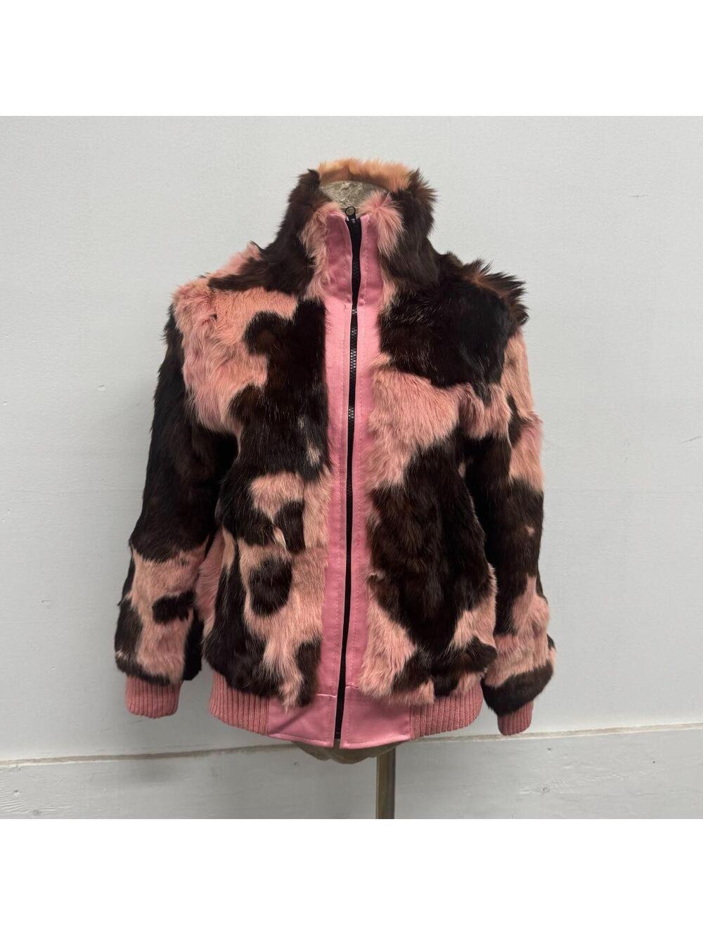 Vintage Y2K Pink Cow Print Rabbit Fur Jacket
